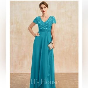 Turquoise V-Neck Floor-Length Chiffon Lace Mother of the Bride Dress, Beading